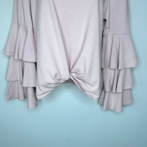 NWT  Belle + Sky Pink Front Twist Top With Tiered Ruffled Bell Sleeves-Size M - Picture 2 of 8